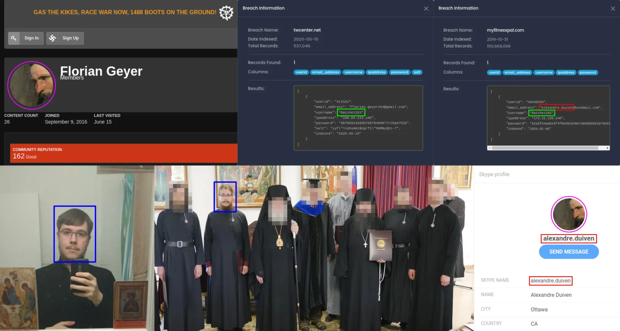Images associated with Iron March user Florian Geyer clockwise from top-left: A screenshot of an archive of the Florian Geyer’s Iron March profile, screenshot of twcenter.net breach on leak-lookup, screenshot of myfitnesspal.com breach on leak-lookup, a Skype profile of user alexandre.duiven, a picture of Alexandre Duiven’s graduation from the Holy Trinity Russian Orthodox Seminary in June 2022 and a VK profile picture of Alexandre Duiven posted on March 24, 2017.