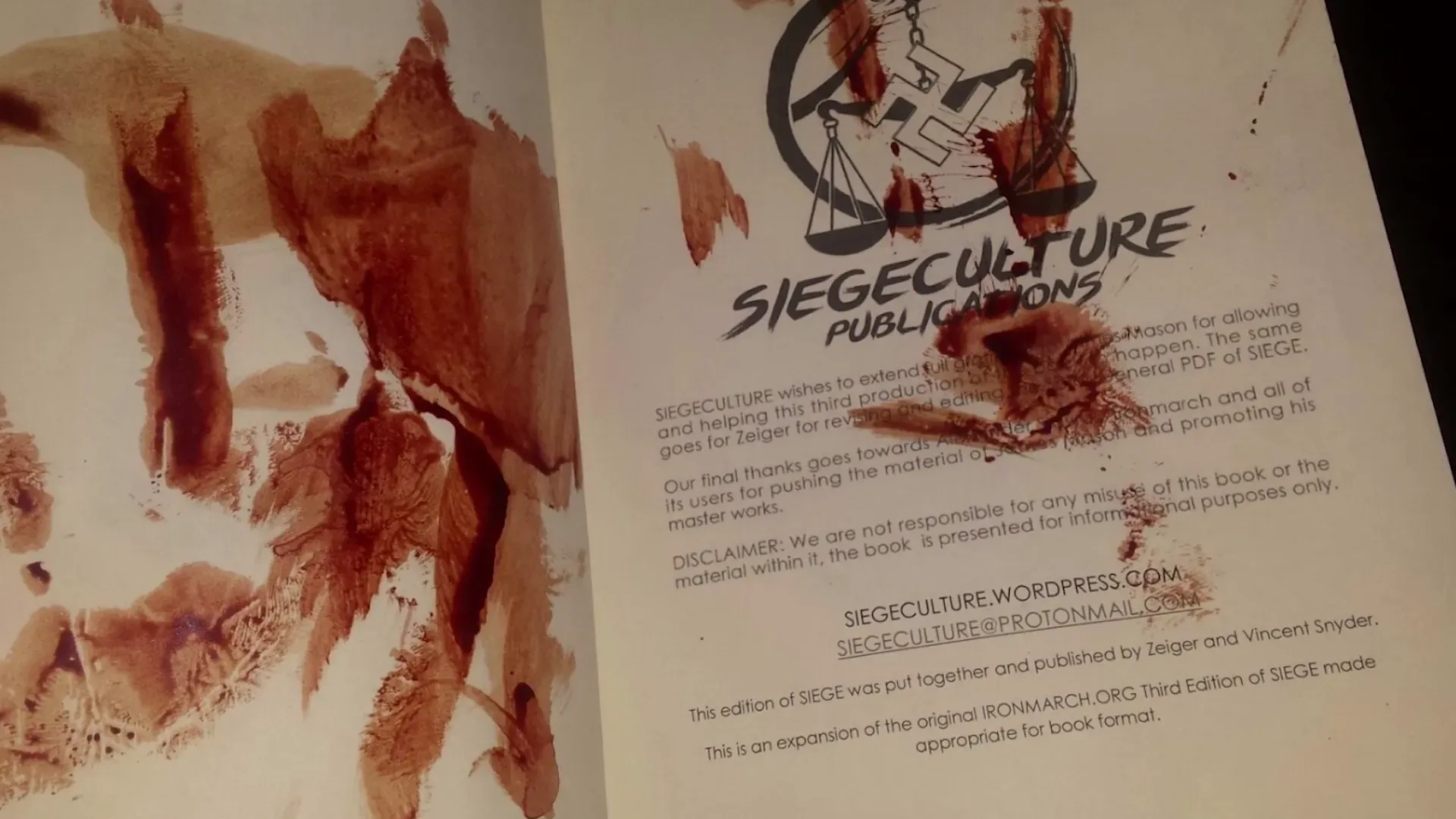 An image posted by John Cameron Denton in Atomwaffen Division chat logs on May 5, 2018 of the third edition print version of “SIEGE” by James Mason, showing the email address siegeculture@protonmail.com. Photo credit: Der Spiegel