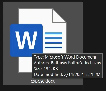 A screenshot showing the original Word document file titled "expose.docx" from an email attachment from the Rope Culture mail server. The file reveals metadata attributing authorship of the document to “Baltrušis Baltrušaitis Lukas.”