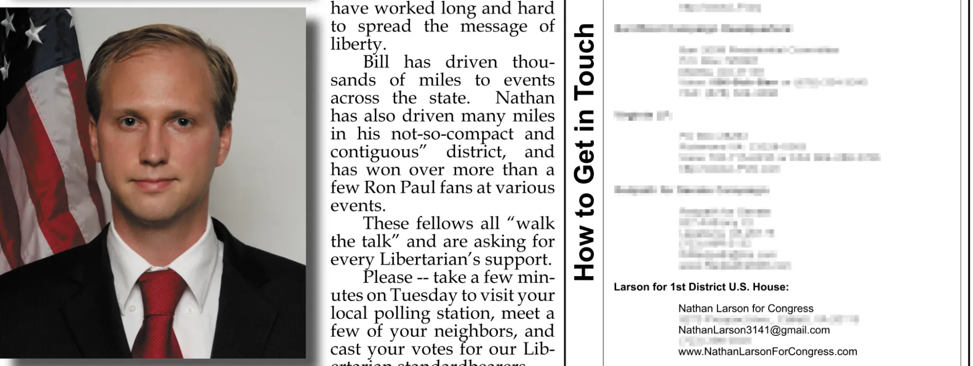 Screenshot from Virginia Libertarian Party newsletter showing a photo of Nathan Larson and the email address he used for his campaign. This email address also messaged Rope Culture seeking support and signatures for a petition to allow white nationalist mass shooter Dylann Roof to run for a seat in the United States House of Representatives.