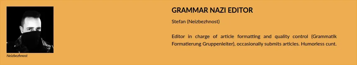 A screenshot from the Rope Culture staff page listing Neizbezhnost, Braddy’s alias, as the Grammar Nazi Editor