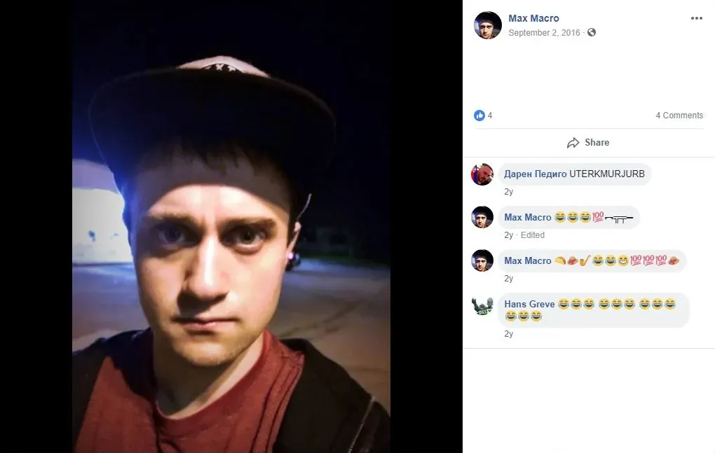 In a screenshot of a Facebook post dated September 2, 2016, an account with the name of one of “The Hanged Fool" co-hosts, Greve Hans, comments on a photo of Maxwell Macro.