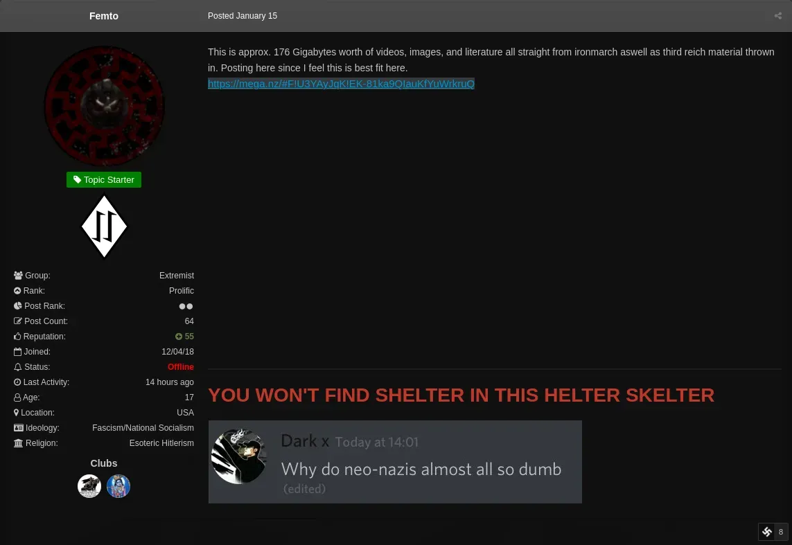 The January 15, 2019 Fascist Forge forum post by “Femto” includes a link to the archive containing the Iron March database.