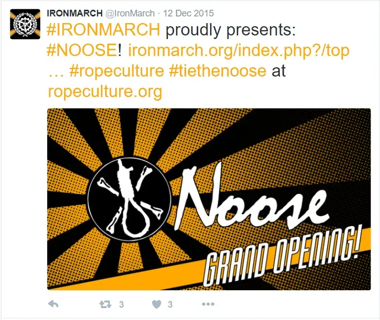 The since suspended Iron March Twitter account announces the “Grand Opening” of NOOSE in a tweet dated December 12, 2015.