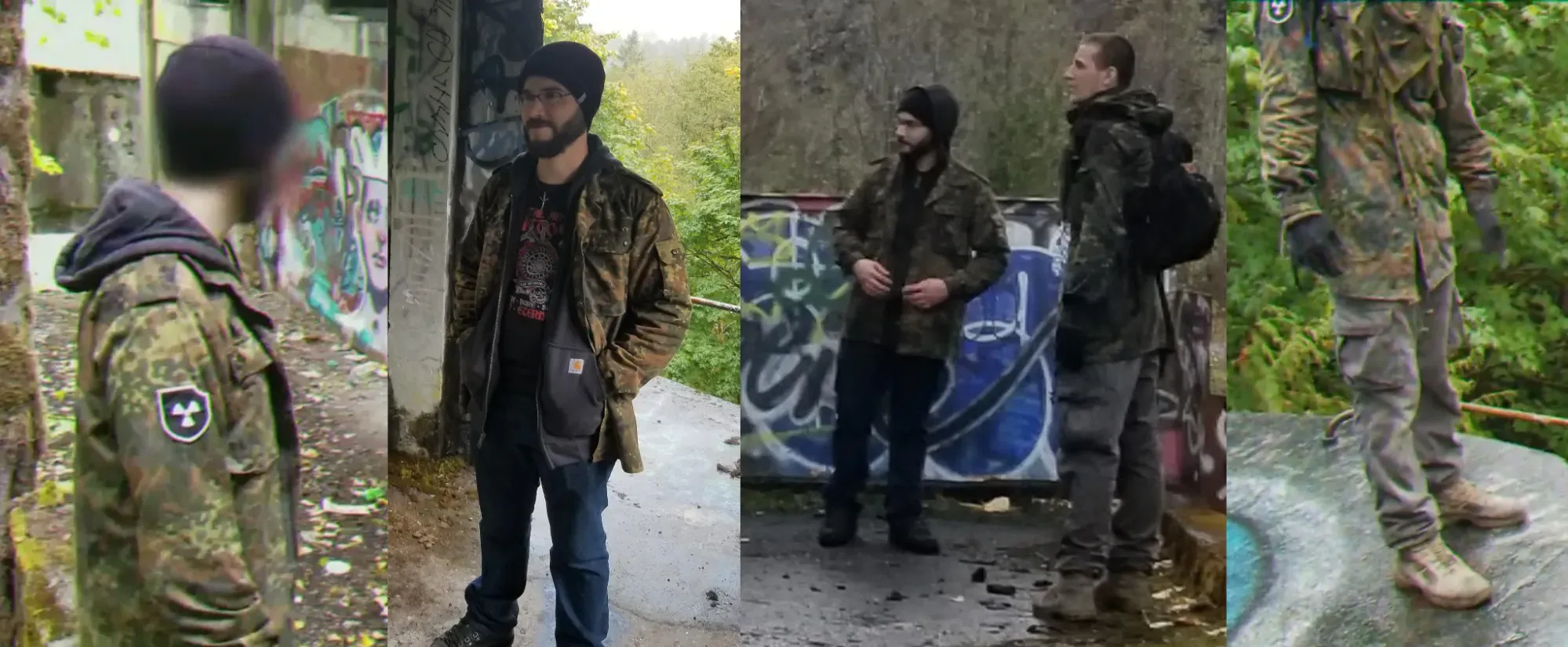 Images from an Atomwaffen Division urban exploring trip at Devil’s Tower in Concrete, Washington, showing two unidentified members, unblurred in the center left and center right images. The left and right images are frames showing the two men from the Atomwaffen Division propaganda video titled “Atomic Urbex.”