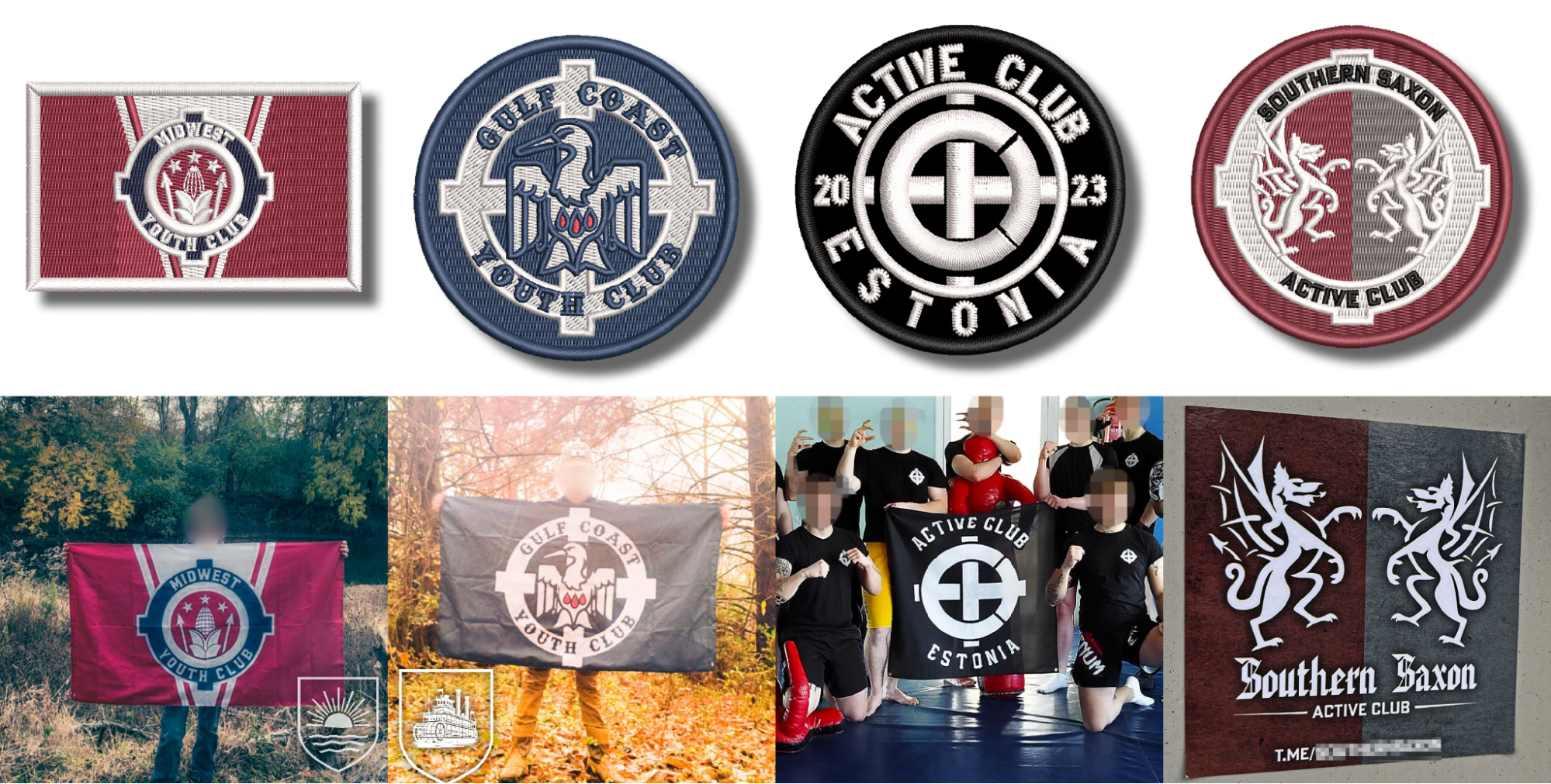 Top: patches with the logos for the Midwest Youth Club Flag, the Gulf Coast Youth Club, Active Club Estonia, and the Southern Saxon Active Club are available for sale on patch-shop.com (images from patch-shop.com); bottom: the same designs are used on flags by the youth and active clubs (images from Telegram, link obscured).