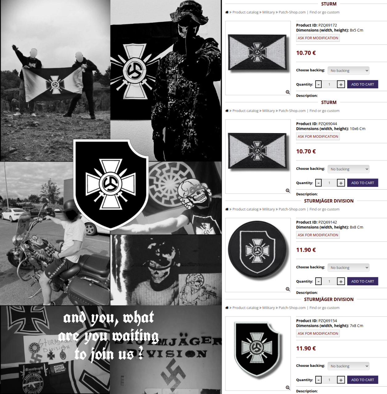 Left: Neo-Nazi propaganda for the group Sturmjäger Division shows a collage of Nazi symbols, including the same design as the patches for sale (image from Telegram, October 2023); right: screenshots of four Sturmjäger Division patches for sale on the Patch Shop website