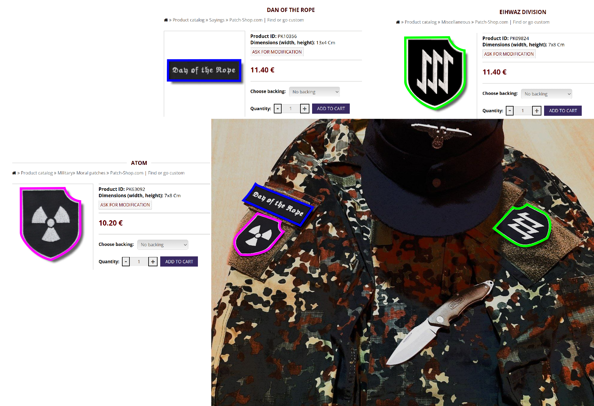 A photo uploaded on July 1, 2024, to a Terrorgram Collective group chat on Telegram features three patches listed on the Patch Shop website.