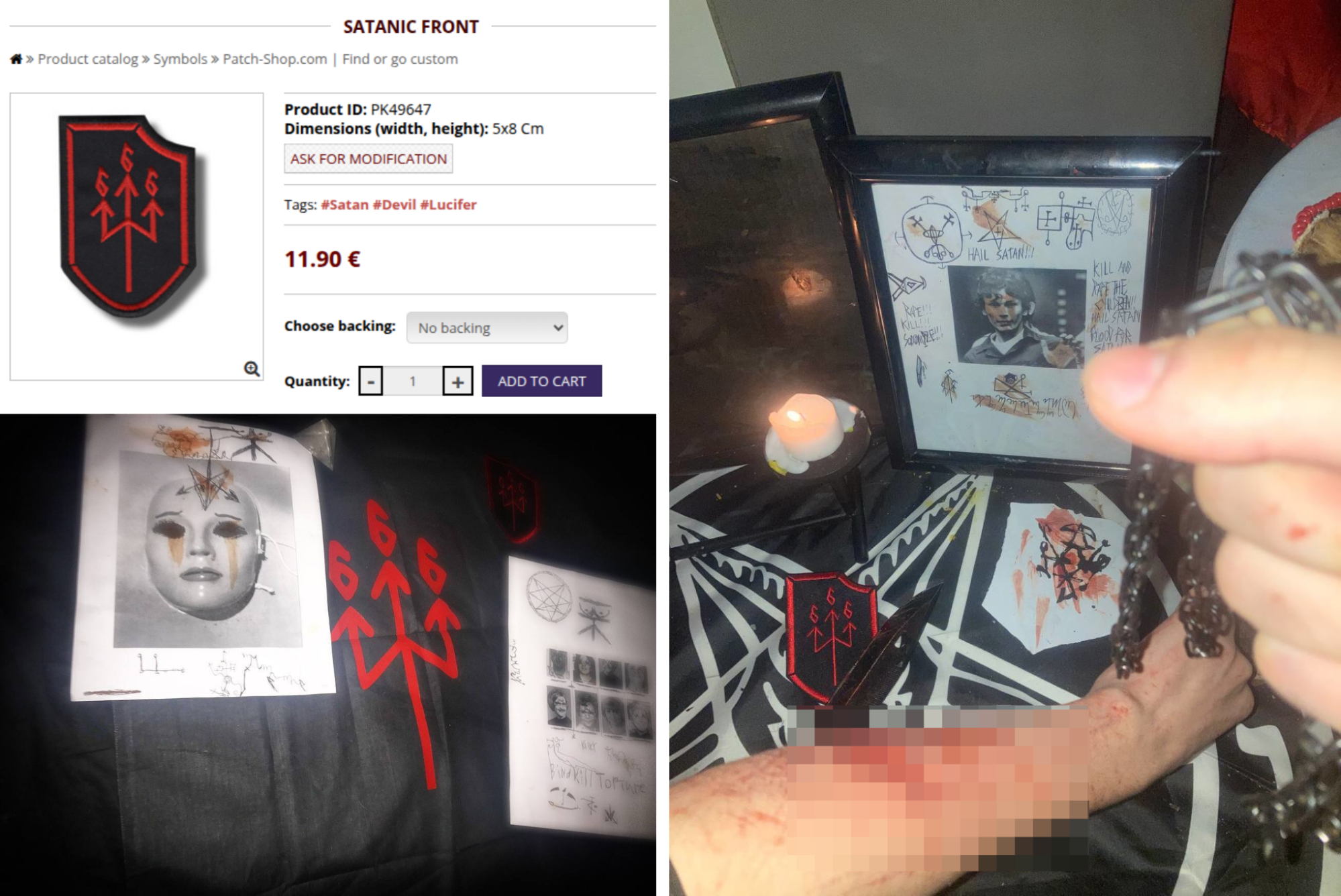 Top left: screenshot of “Satanic Front” patch on Patch Shop website; bottom left: photo of a satanic altar featuring a flag and a patch with the Satanic Front symbol, as well as Order of Nine Angles sigils; right: photograph of a satanic altar featuring Satanic Front’s patch (similar to the one sold by Patch Shop), among other satanic memorabilia (2022, self-inflicted wound obscured).