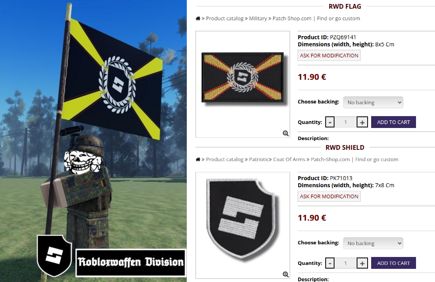 Left: image uploaded to X on November 1, 2023, from the Roblox gaming platform mimics popular neo-Nazi propaganda and includes a shield and flag design; right: Screenshots of products sold on Patch Shop related to Robloxwaffen Division (RWD).
