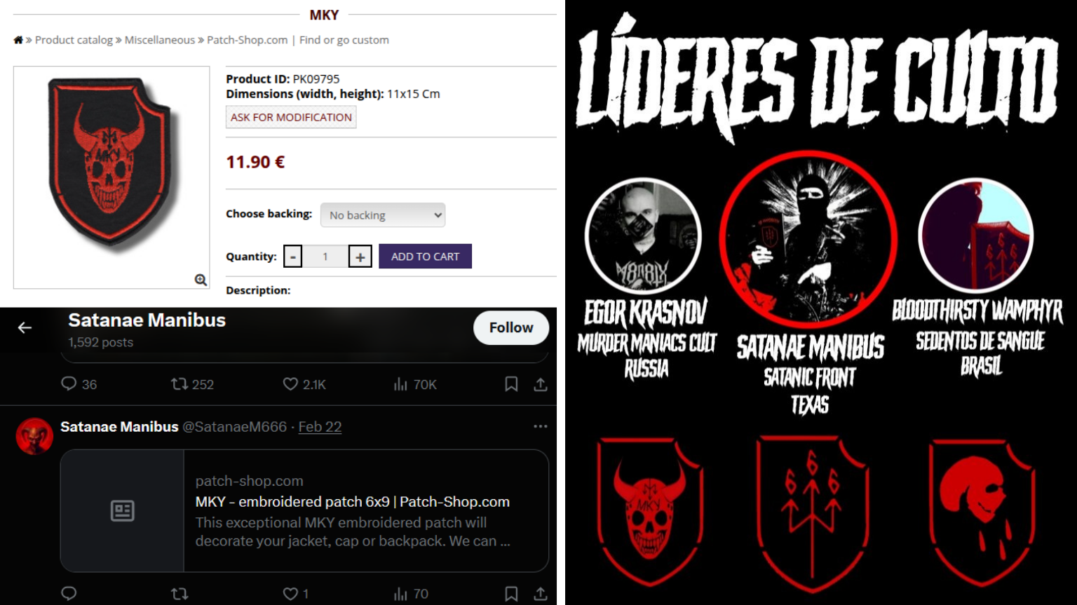 Top left: Screenshot of “MKY” patch on Patch Shop website; bottom left: screenshot captured from X on April 5, 2024, of Satanic Front leader “Satanae Manibus”’s account boosting the sale of MKY patches from the Patch Shop website; right: image from January 4, 2024 X post naming the “Cult Leaders” of MKY and Satanic Front and showing the groups’ symbols.
