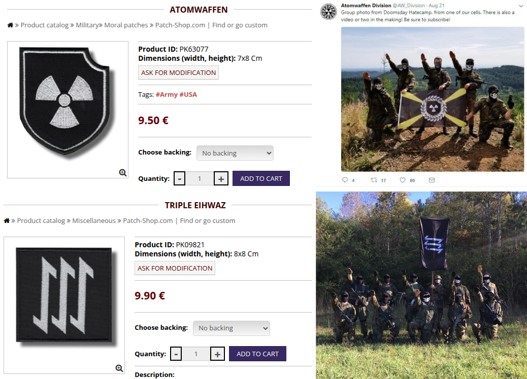 Comparison of Patch Shop patches to symbols of designated neo-Nazi terror groups Atomwaffen Division and The Base. Top left: screenshot of “Atomwaffen” patch for sale on Patch Shop website; top right: screenshot of post from Atomwaffen Division’s Twitter account, dated August 21, 2019, showing a propaganda picture of a group of members holding a flag with the Atomwaffen Division logo and performing a Nazi salute; bottom left: screenshot of “Triple Eihwaz” patch for sale on Patch Shop website; bottom right: a photo uploaded to a group chat on November 4, 2019 by the Base’s leader, Rinaldo Nazzaro, of a meet-up showing members holding rifles, a flag with The Base’s logo, and performing a Nazi salute. 