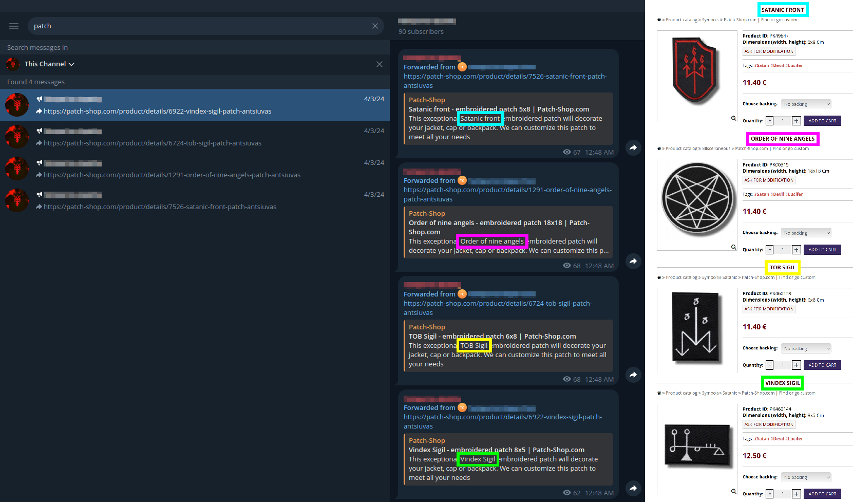 Left: an Order of Nine Angles-associated Telegram channel links to 4 Patch Shop patches (posts' original date is March 31, 2024, and reposted on April 2, 2024); right: screenshots from Patch Shop website showing the 4 Order of Nine Angles-affiliated patches.