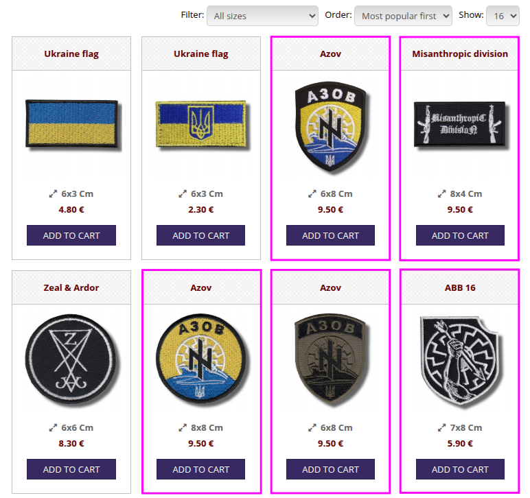 Screenshot of patch-shop.com, showing the most popular patches sold on the website: five of the eight (highlighted in purple) are far-right. These include patches for: Azov Regiment, the militant neo-Nazi organization Misanthropic Division, and another design with a sonnenrad.