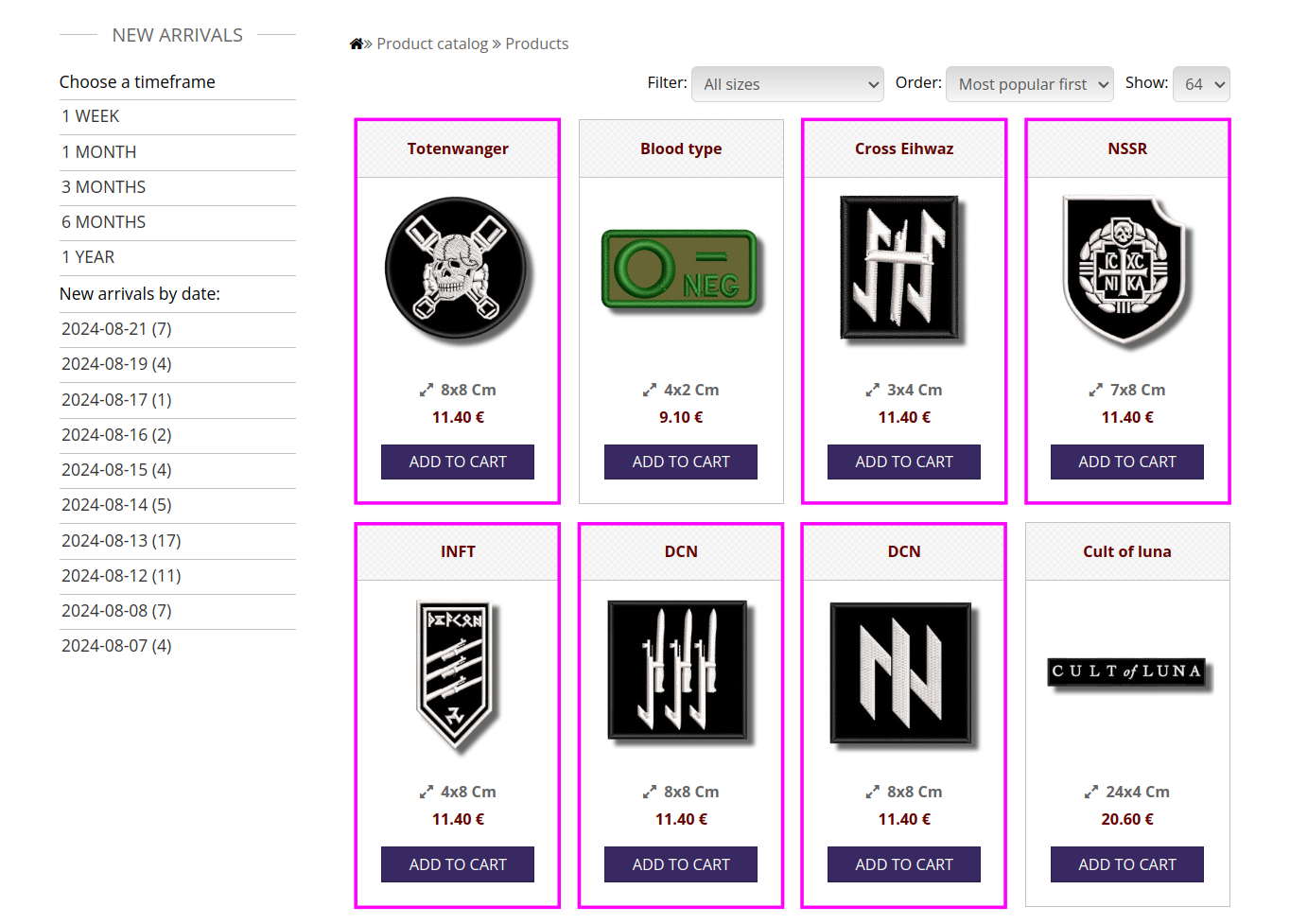 Screenshot of the page https://patch-shop.com/product/latest/2024-05-22 showing a particularly high percentage of patches added on that day having neo-Nazi designs (highlighted in purple).