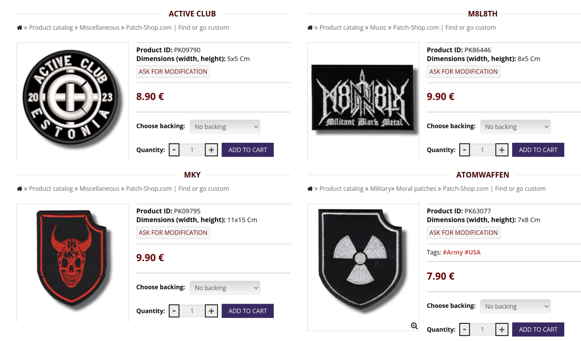 Screenshots of embroidered patches sold on the Patch Shop website. Top left: Estonian branch of the transnational fascist Active Club network; top right: National Socialist Black Metal (NSBM) band М8Л8ТХ; bottom left: Maniac Murder Cult (MKY), a transnational nihil-Nazi group originating in Ukraine; bottom right: militant accelerationist neo-Nazi terror network Atomwaffen Division (AWD).