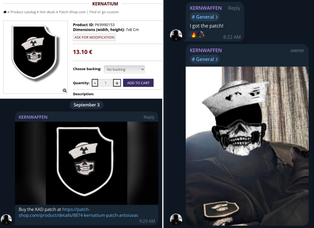 Top left: screenshot of “Kernatium” patch on Patch Shop website; bottom left: post shared on Telegram on September 3, 2024 encouraging viewers to purchase a patch with their group’s logo on the Patch Shop website; right: a user on Telegram exclaims they’ve successfully purchased a patch and posts a heavily redacted selfie on September 11, 2024.