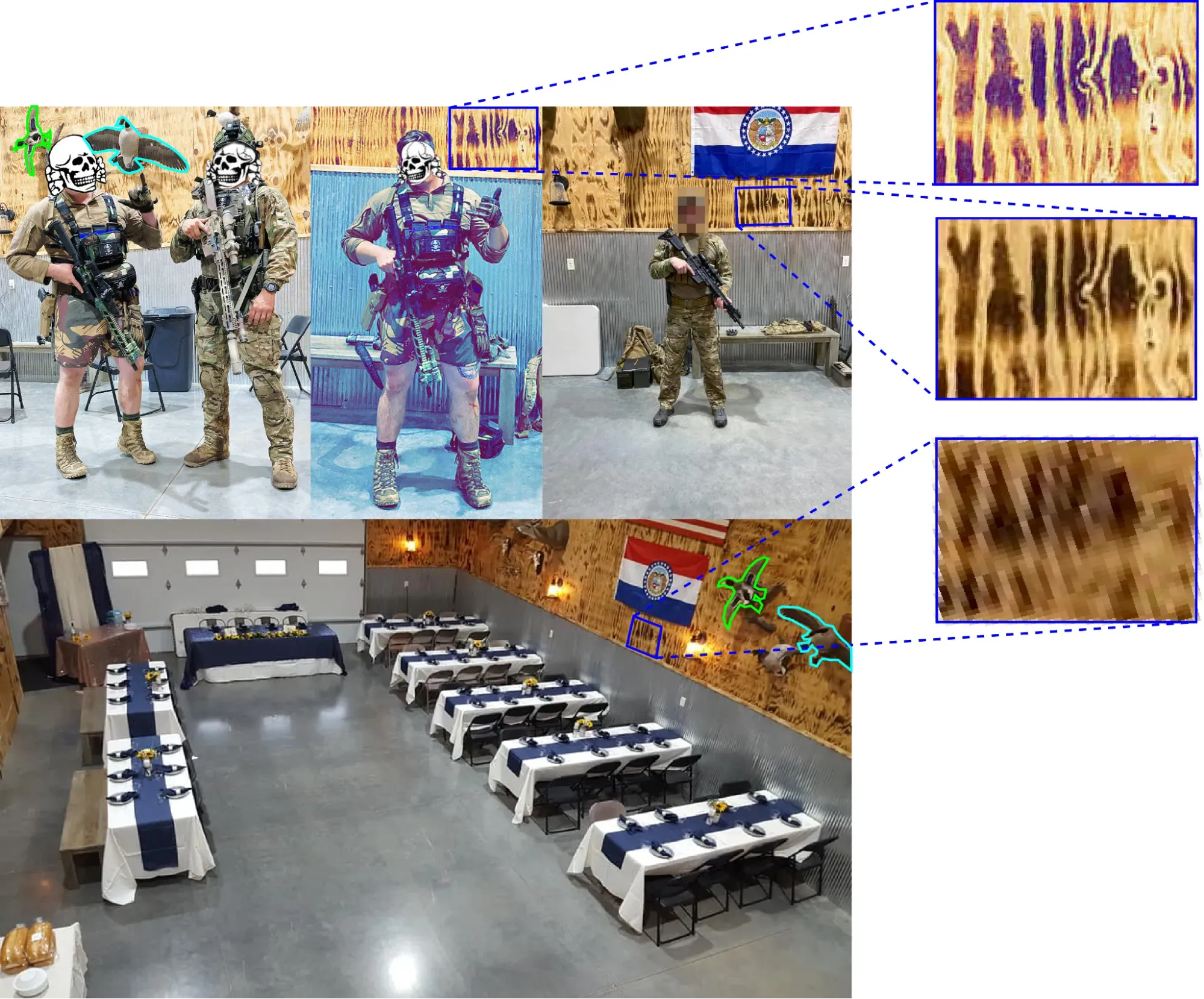 Top left: picture of “run n gun” event posted to Heartland Active Club Telegram channel, with distinctive mounted birds outlined; top center: picture of event posted to Worth Fighting for chat v3 Telegram group with zoomed-in inset of distinctive wood grain pattern; top right: picture posted to the Facebook page of the “run n gun” event location with zoomed-in inset of same distinctive wood grain pattern (face blurred by Decoherence Media); bottom: picture posted to the Facebook page of a motel at the event location showing the distinctive wood pattern and mounted birds. 