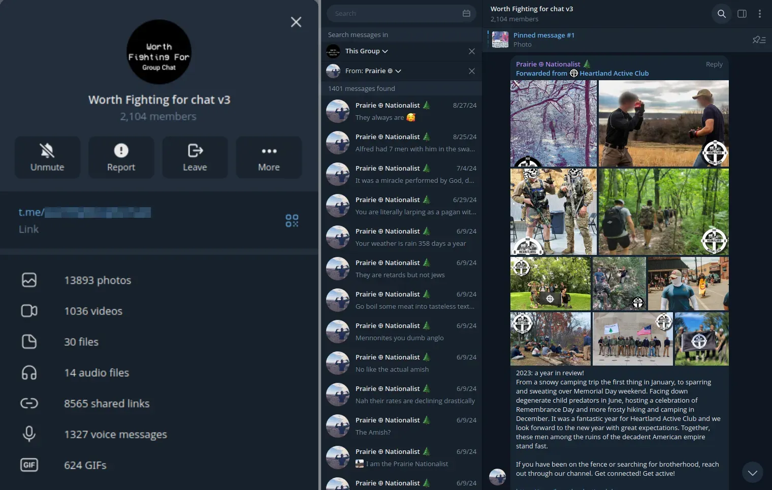 Left: screenshot of channel information for the “Worth Fighting for chat v3” Telegram group chat; right: screenshot of searching that chat for messages from user “grassLandenjoyer,” showing 1401 messages as of September 10, 2024.