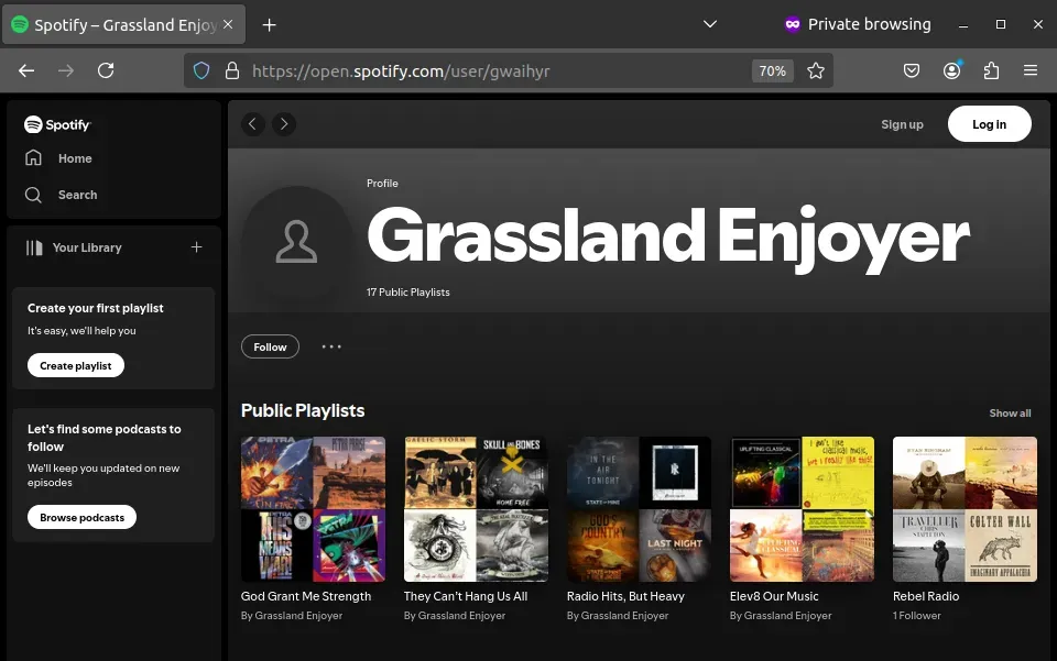 Screenshot of Spotify account for the user “gwaihyr” with the name “Grassland Enjoyer.”