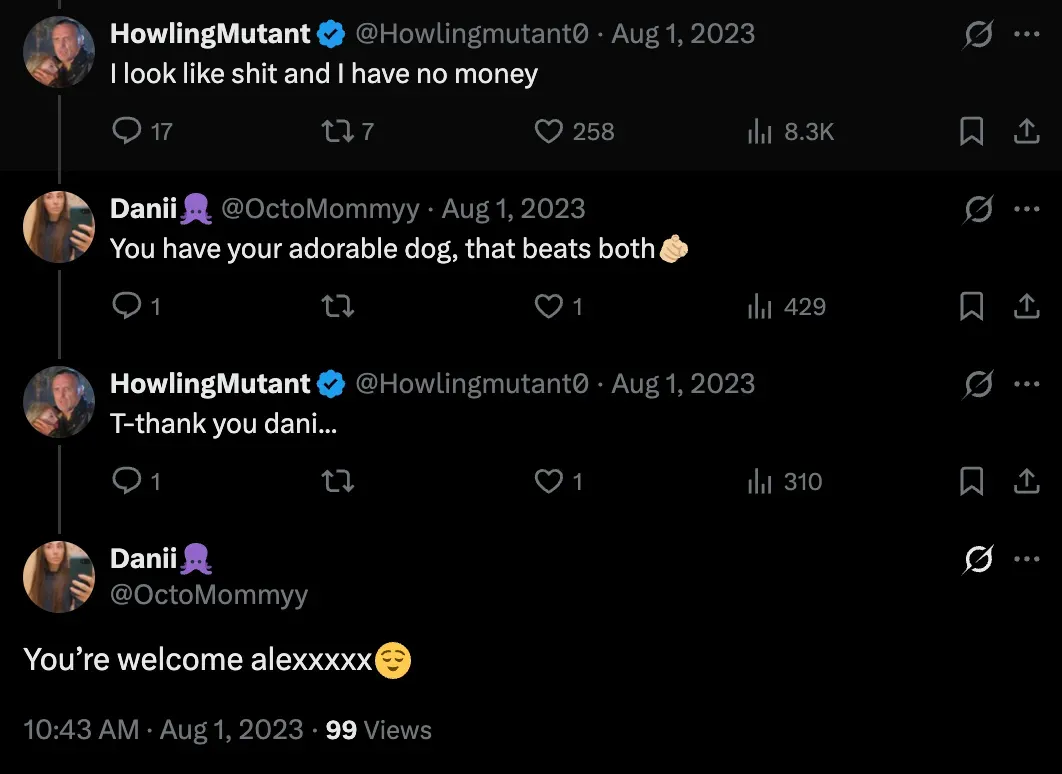 Screenshot of X reply from account “OctoMommyy” to a HowlingMutant post, calling him “Alex.”