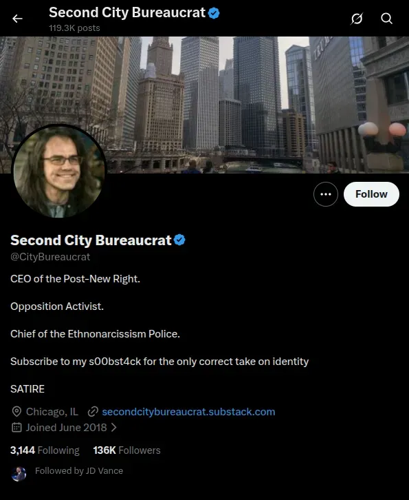 Second City Bureaucrat’s account on X (Screenshot date: 03/23/2026).