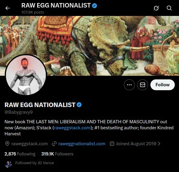 Charles Cornish-Dale’s account on X using the pseudonym "Raw Egg Nationalist" (Screenshot date: 03/23/2026).