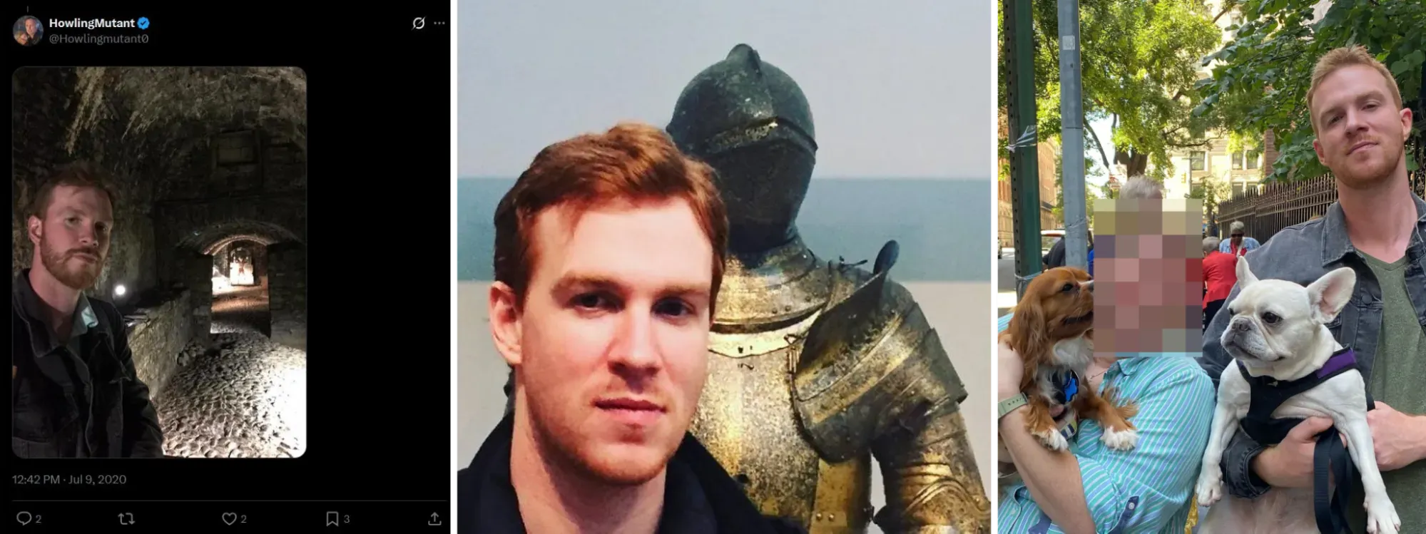 Pictures of Alex Norden posted to social media platforms. Left: Norden in the Dungeons of Westport House in Ireland, posted to X on July 9, 2020; middle: profile picture of Norden uploaded to his Facebook account on September 1, 2016; right: picture of Norden posted to Facebook on October 1, 2023.