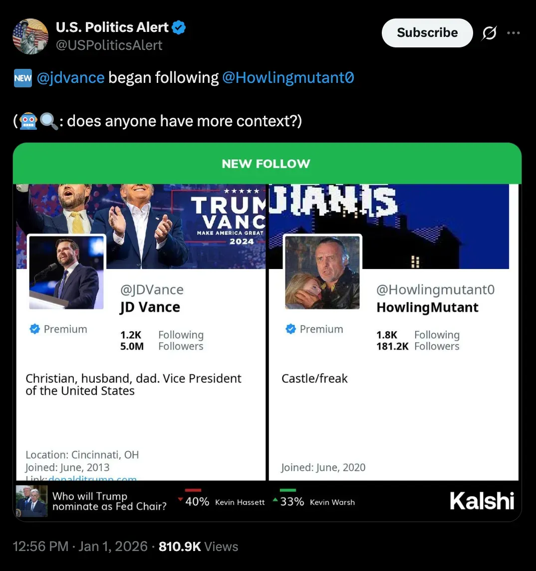 Screenshot of X post from USPoliticsAlert announcing that JD Vance began following HowlingMutant.