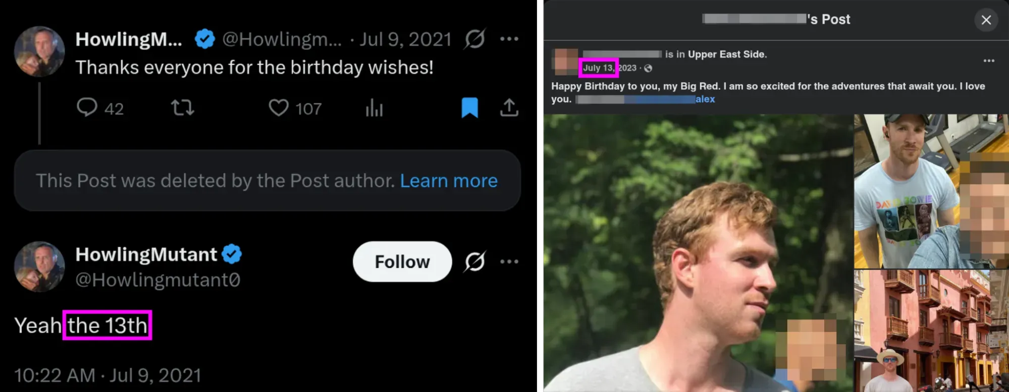 Left: screenshot of X post from HowlingMutant saying that his birthday is July 13th; right: screenshot of Facebook post from Alex Norden’s then-girlfriend wishing him a happy birthday on July 13th.