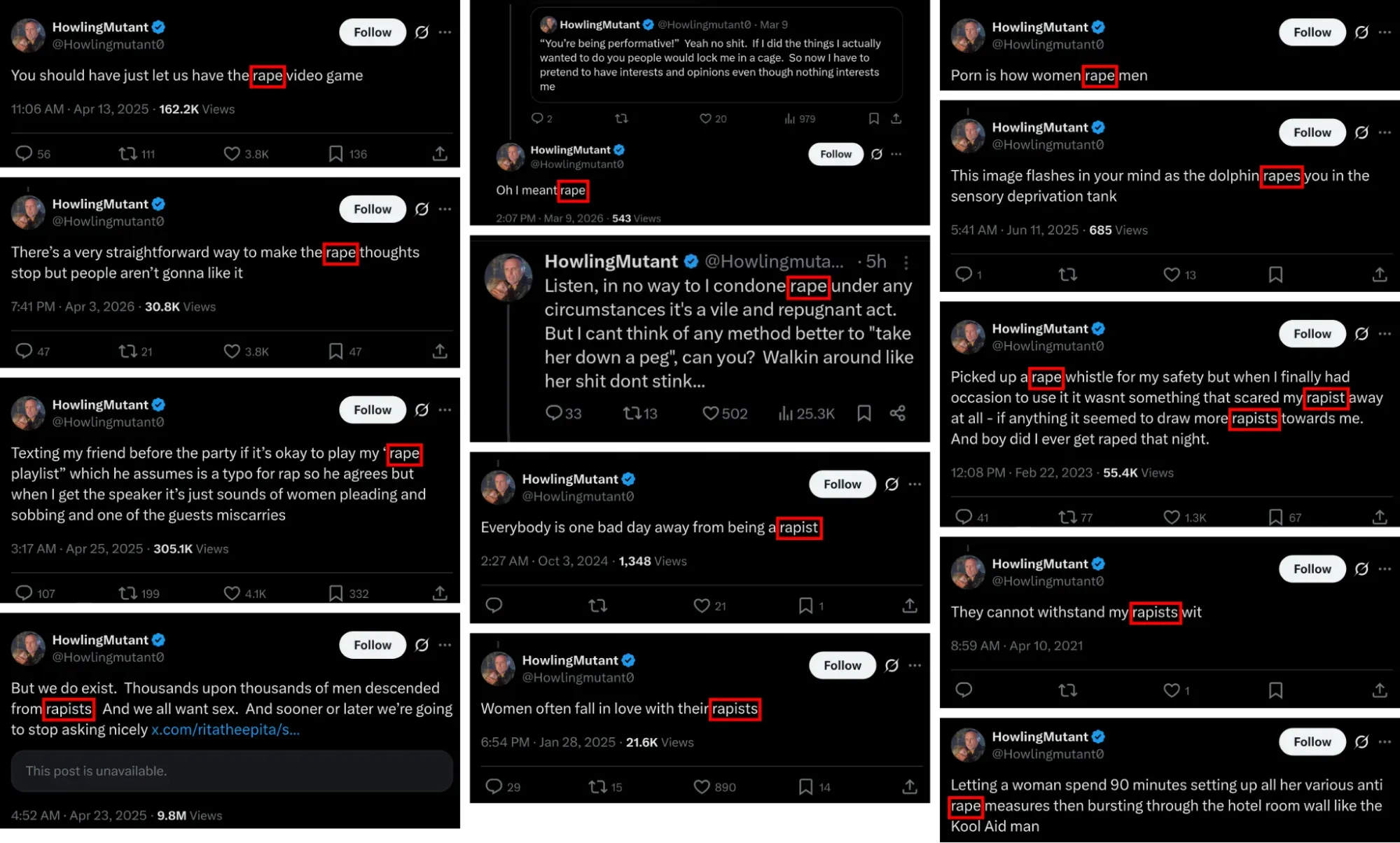 Screenshots of a selection of posts from HowlingMutant’s account that mention “rape” or “rapist.”