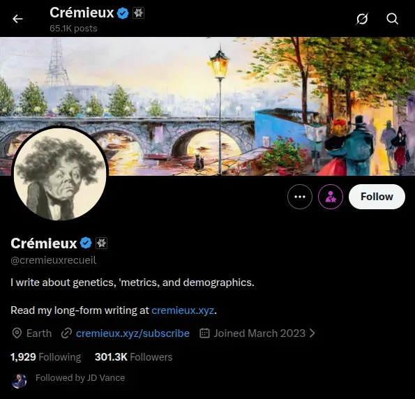 Jordan Lasker’s account on X using the pseudonym “Crémieux” (Screenshot date: 03/23/2026).