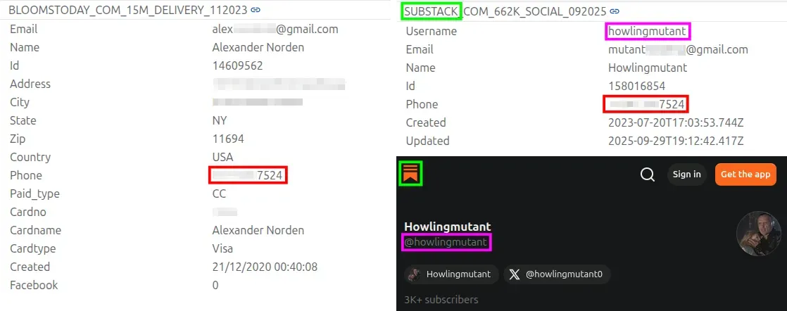 Left: screenshot of Snusbase record from the “Blooms Today” data breach for name “Alexander Norden”; top right: screenshot of Snusbase record from the “Substack” data breach for username “howlingmutant” that uses the same phone number; bottom right: screenshot of Substack page for username “howlingmutant” that has a link to the X account in the bio and uses the same profile picture as the X account. Phone number, address, and email address blurred by Decoherence Media.