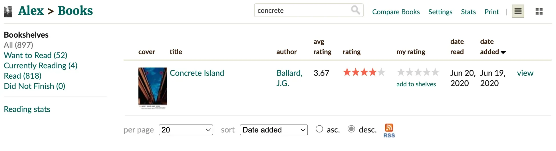 Screenshot of Alex Norden’s Goodreads account, showing the book “Concrete Island” is in his “Read” bookshelf.
