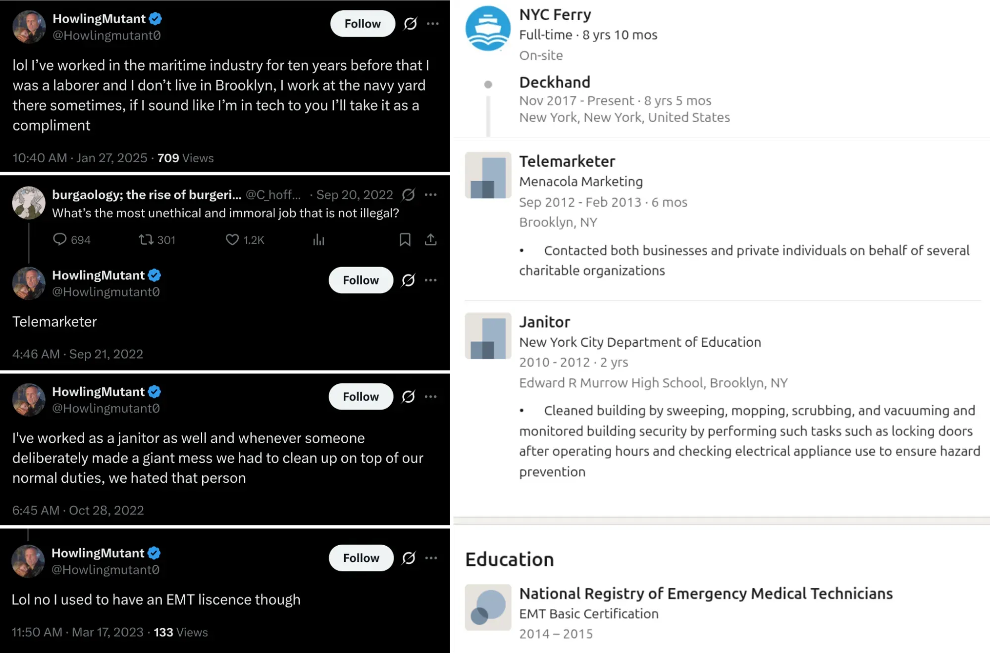 Left: screenshots of X posts from HowlingMutant about his job history; right: screenshots of Alexander Norden’s LinkedIn job history, which closely matches the X posts.