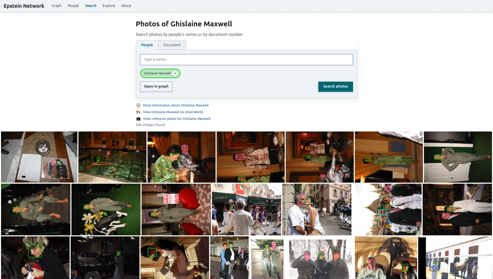 Screenshot of Search page (https://epstein.photos/search), showing nearly 700 images in which Ghislaine Maxwell appears.
