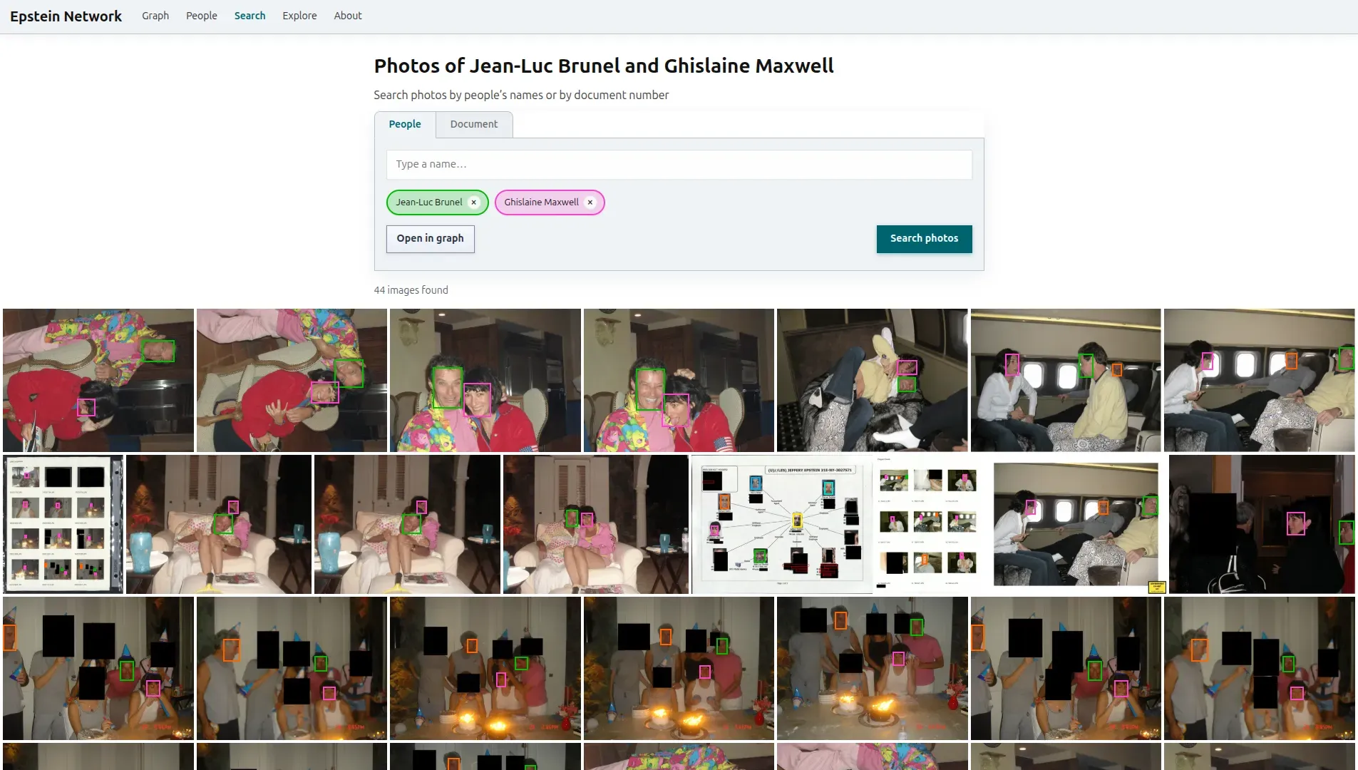 Screenshot of Search page (https://epstein.photos/search), showing 44 images in which both Ghislaine Maxwell and Jean-Luc Brunel appear.