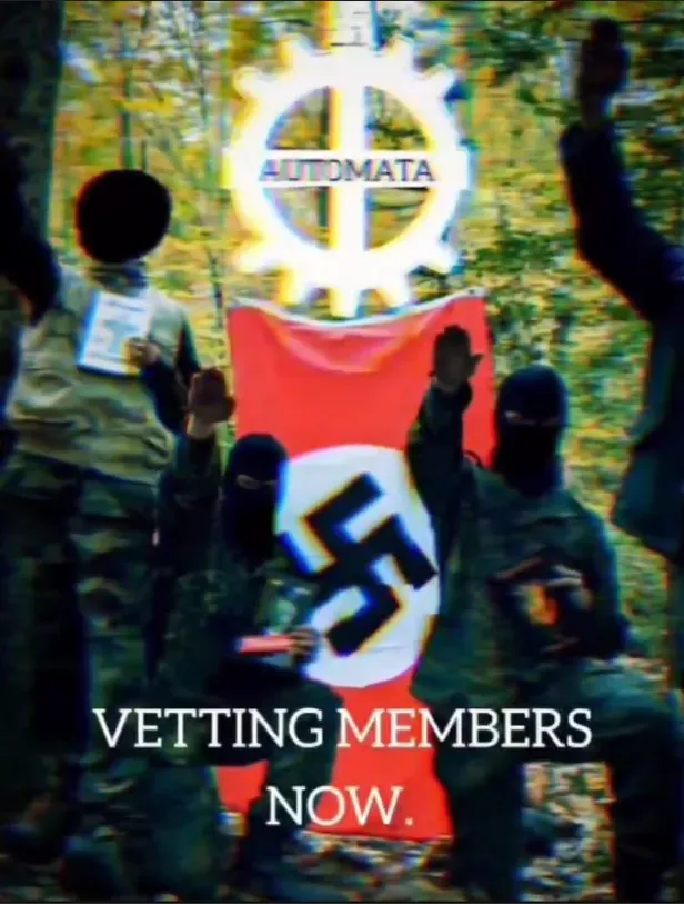 A group photo of Automata members making a Sieg Heil salute in front of a swastika flag (2023).