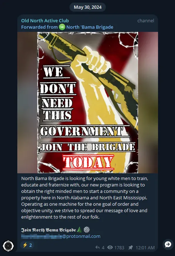 The Old North Active Club Telegram channel boosts a recruitment message for North ‘Bama Brigade. (Telegram, May 30, 2024). Email address blurred by Decoherence Media.
