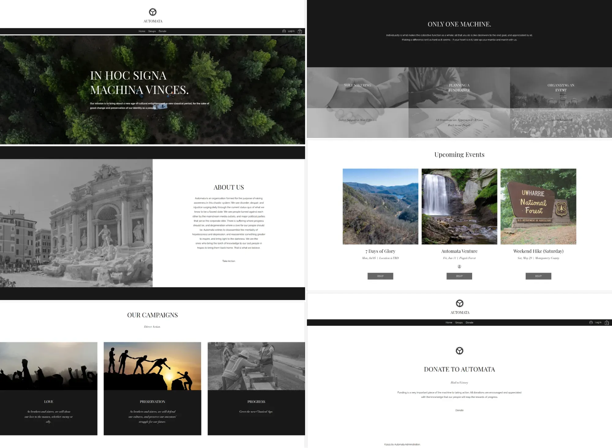 Screenshots from an HTML export of the Automata website, showing the five sections of the homepage and the “Donate” page (June 2021).