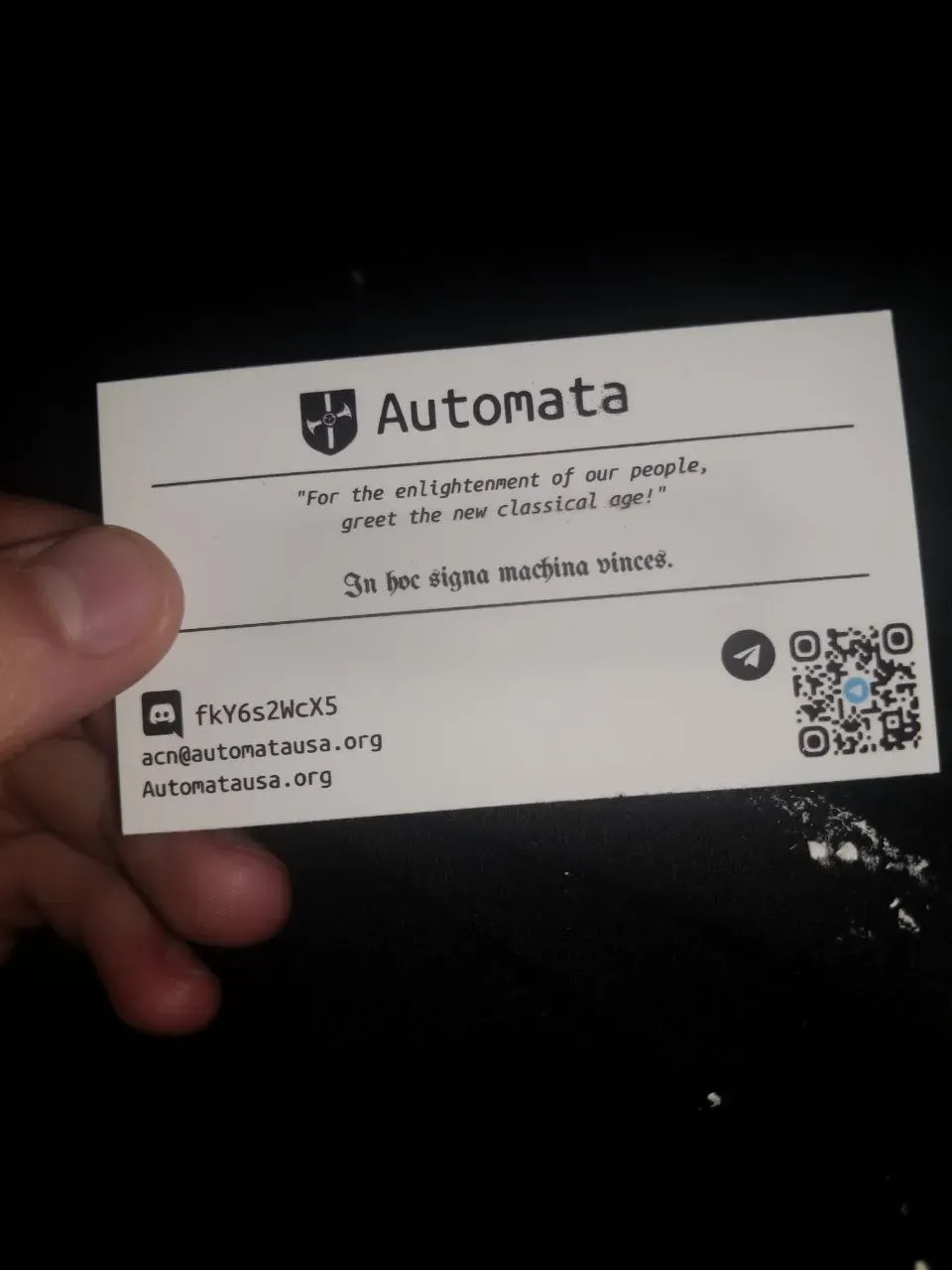 Automata business card with contact information. The email address listed begins with “acn,” the initials for Andrew Cole Nary (Telegram, March 7, 2021).