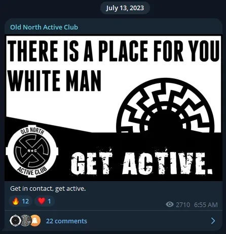 Screenshot of a post from the Nary-affiliated Old North Active Club channel (Telegram, July 13, 2023).