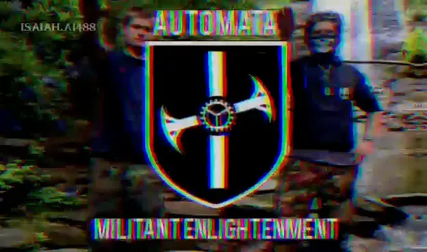 Propaganda for Automata featuring Crews (left) wearing a Tennessee Active Club shirt and Cuevas (right) making a Sieg Heil salute at Looking Glass Falls in the Pisgah National Forest in North Carolina (June 2023).