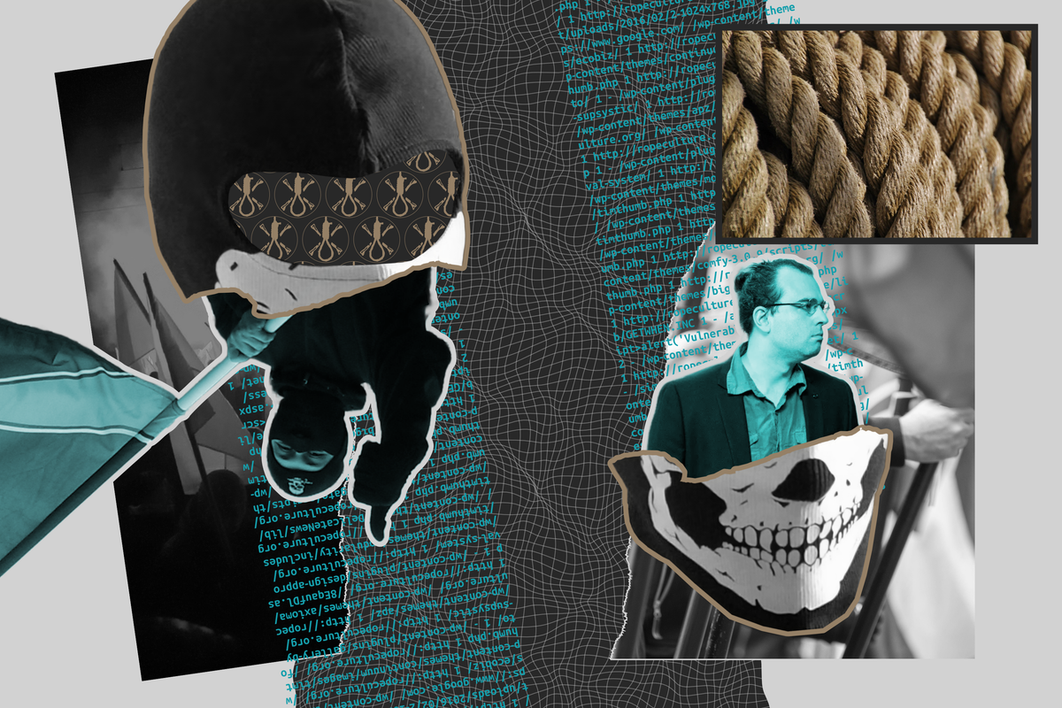 Editorial illustration combining nationalist and neo-Nazi motifs (waving flags and skull masks) and data